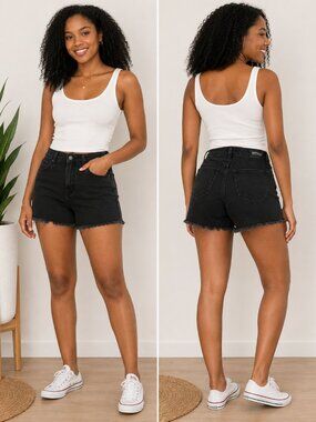 Buffalo David Bitton Lulu High Rise Mom Shorts Women's Size 27 Black Raw Hem